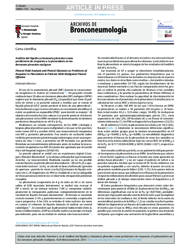  PDF An lisis Del L quido Y Elastancia Pleurales Como Predictores De 