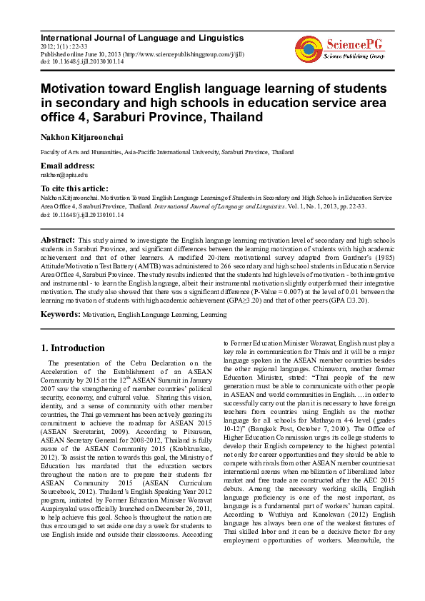 (PDF) Motivation Toward English Language Learning of Students in ...