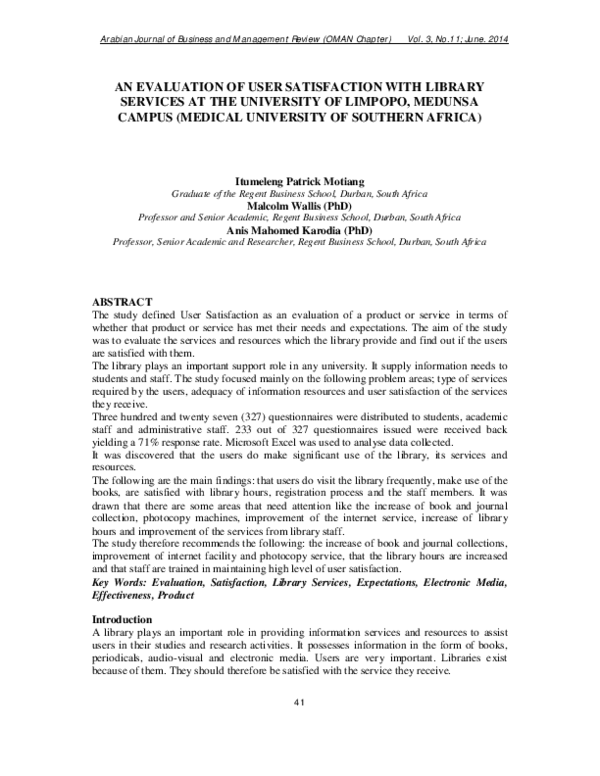 (PDF) An Evaluation of User Satisfaction with Library Services at the ...