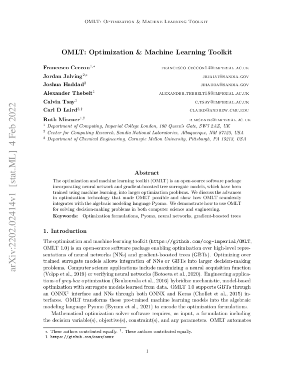(PDF) OMLT: Optimization & Machine Learning Toolkit