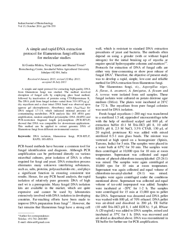 (PDF) A simple and rapid DNA extraction protocol for filamentous fungi ...