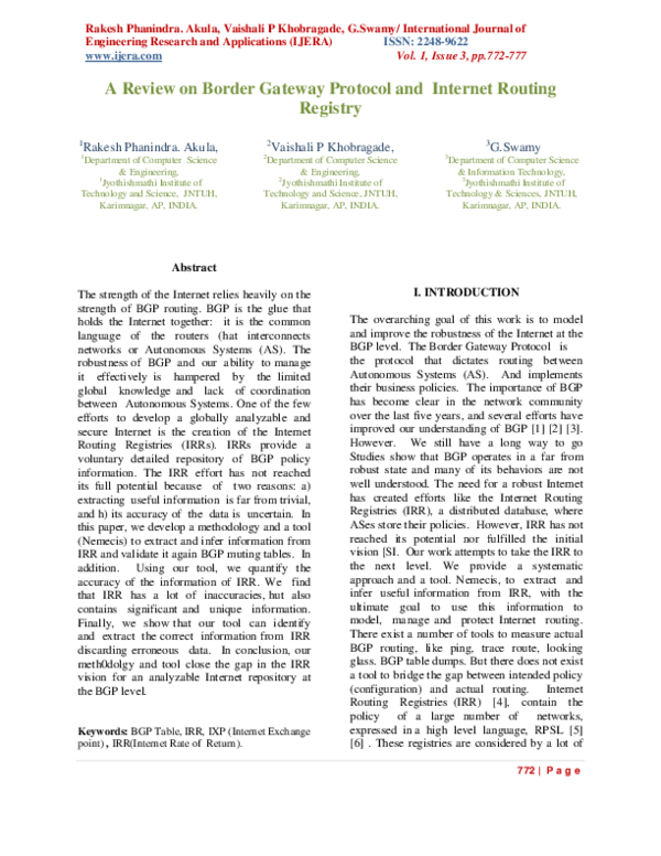 (PDF) A Review on Border Gateway Protocol and Internet Routing Registry ...
