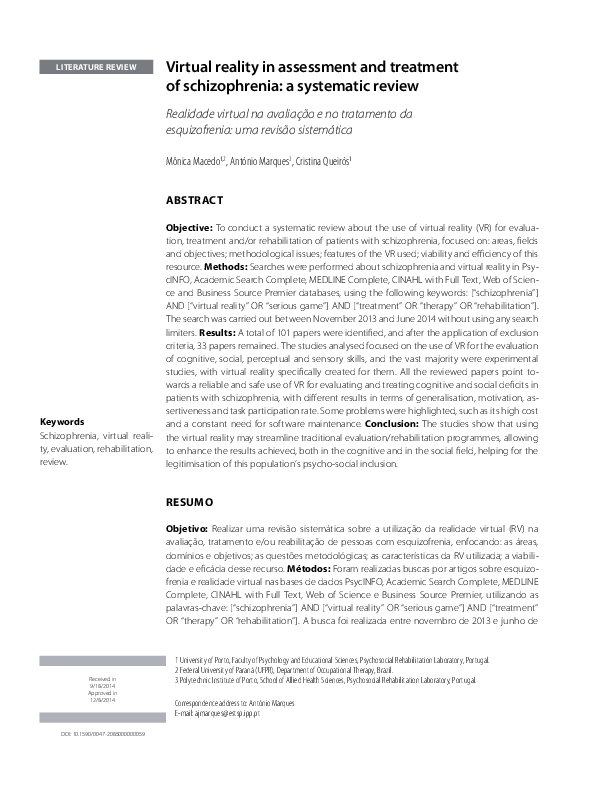 (PDF) Virtual reality in assessment and treatment of schizophrenia a