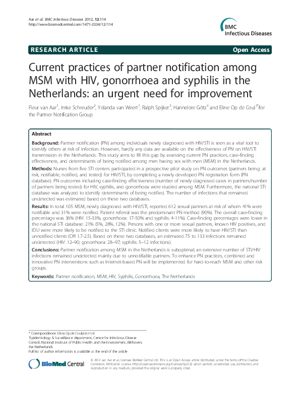 Pdf Current Practices Of Partner Notification Among Msm With Hiv Gonorrhoea And Syphilis In The Netherlands An Urgent Need For Improvement Hannelore Gotz Academia Edu