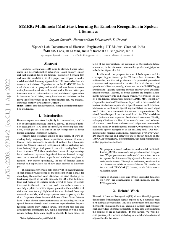 (PDF) MMER: Multimodal Multi-task learning for Emotion Recognition in ...