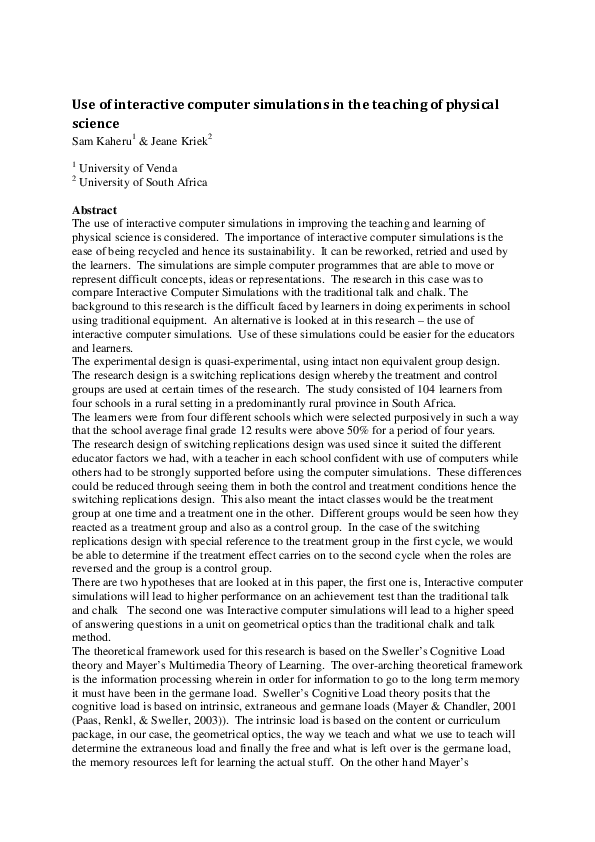 Use of interactive computer simulations in the teaching of physical science
