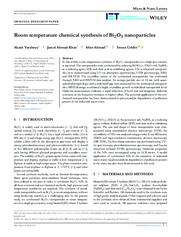 (PDF) Room temperature chemical synthesis of Bi 2 O 3 nanoparticles