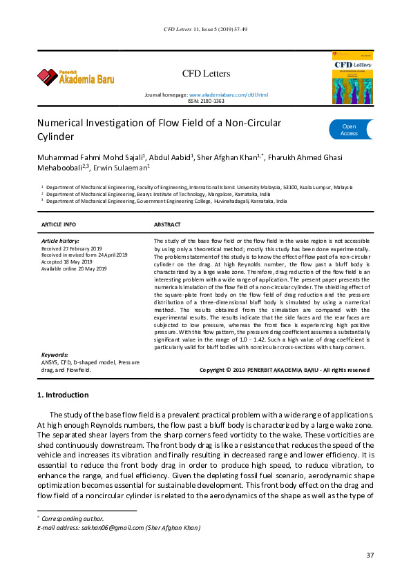 (PDF) Numerical Investigation of Flow Field of a Non-Circular Cylinder