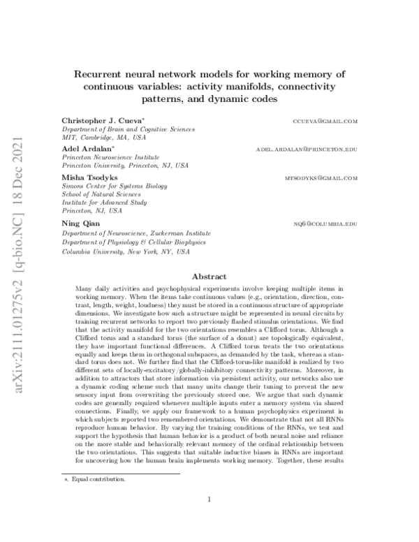 (PDF) Recurrent neural network models for working memory of continuous ...