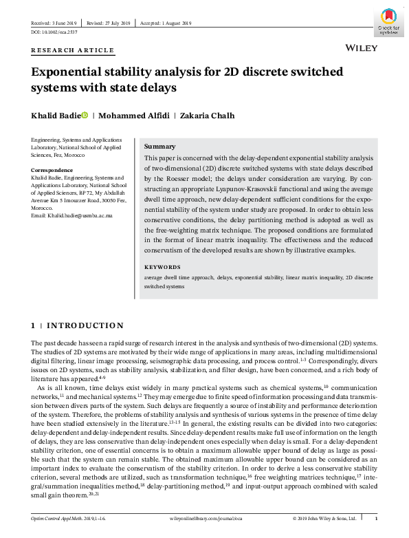 (PDF) Exponential stability analysis for 2D discrete switched systems ...