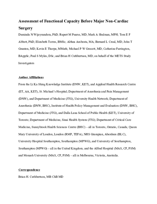 (PDF) Assessment of functional capacity before major non-cardiac ...