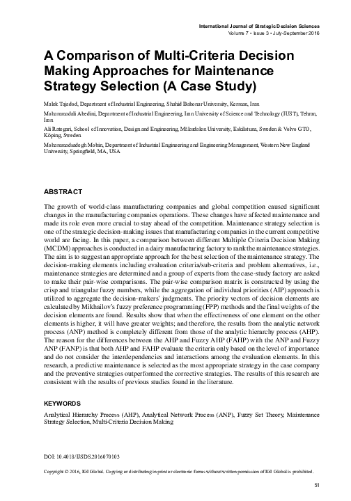 (PDF) A Comparison of Multi-Criteria Decision Making Approaches for ...