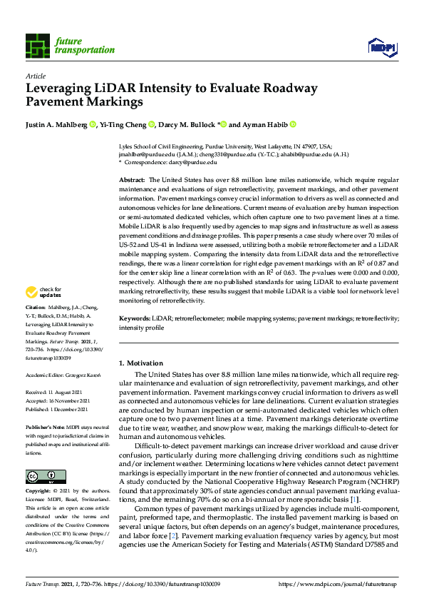 (PDF) Leveraging LiDAR Intensity to Evaluate Roadway Pavement Markings
