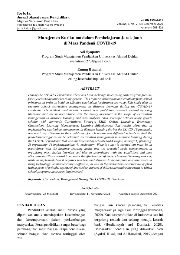 (PDF) Manajemen Kurikulum dalam Pembelajaran Jarak Jauh di Masa Pandemi ...