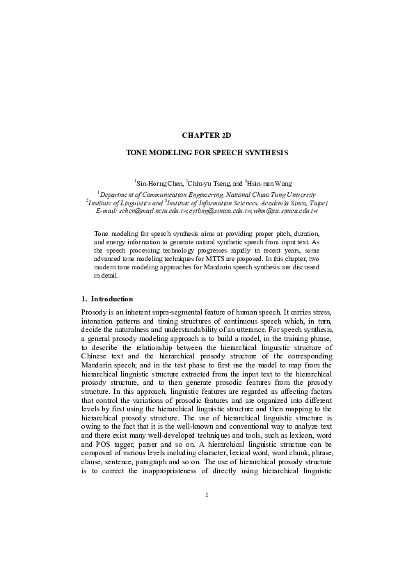 (PDF) Tone Modeling for Speech Synthesis