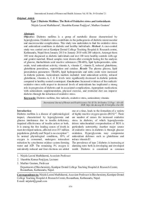 (PDF) Type 2 Diabetes Mellitus: The Role of Oxidative stress and ...