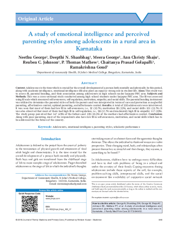 (PDF) A study of emotional intelligence and perceived parenting styles ...