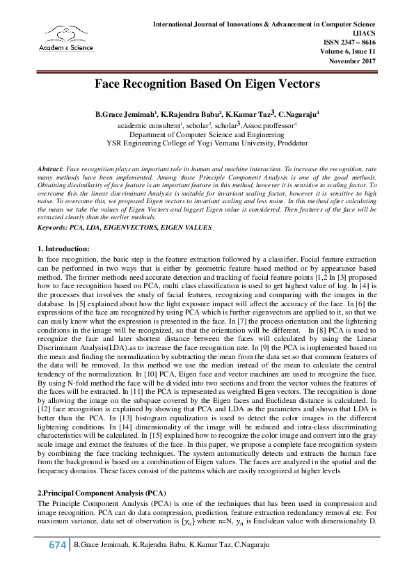 (PDF) 674 Face Recognition Based On Eigen Vectors