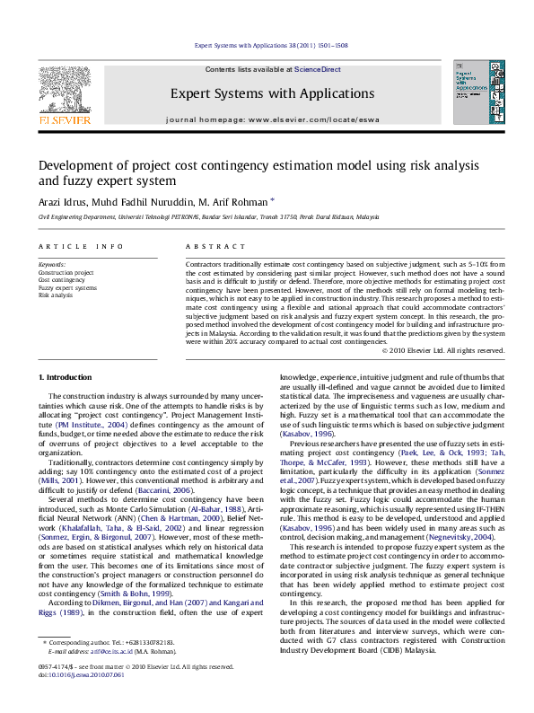 (PDF) Development of project cost contingency estimation model using ...