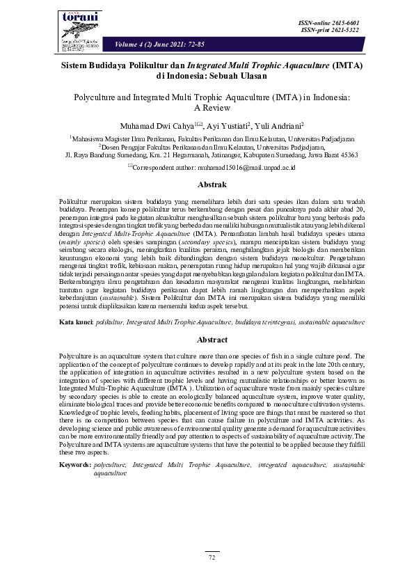 Polyculture and Integrated Multi Trophic Aquaculture (IMTA) in Indonesia: A Review