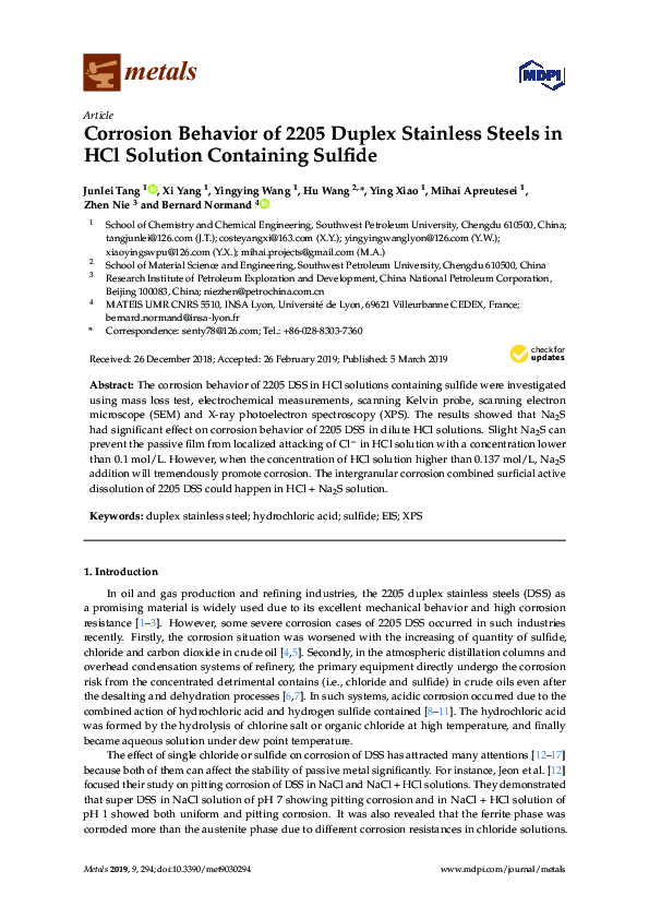 (PDF) Corrosion behavior of 2205 duplex stainless steel