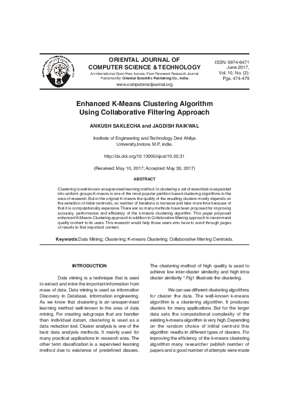 (PDF) Enhanced K-Means Clustering Algorithm Using Collaborative ...