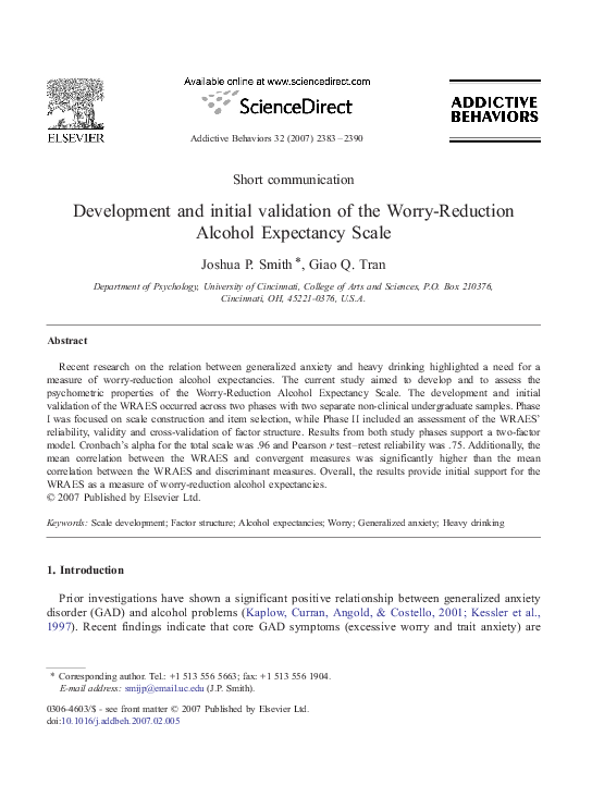(PDF) Development and initial validation of the Worry-Reduction Alcohol ...