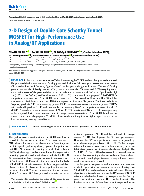 (PDF) 2-D Design of Double Gate Schottky Tunnel MOSFET for High ...