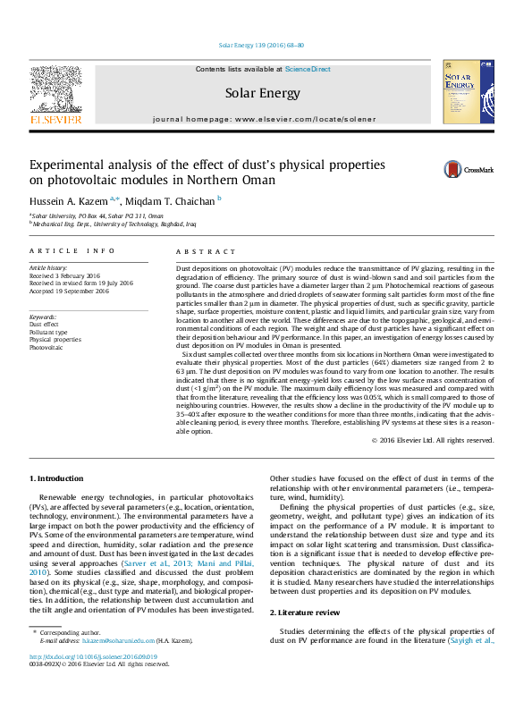 (PDF) Experimental analysis of the effect of dust’s physical properties ...