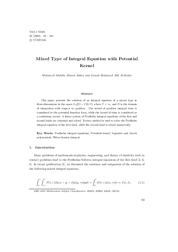 (PDF) Mixed Type of Integral Equation with Potential Kernel
