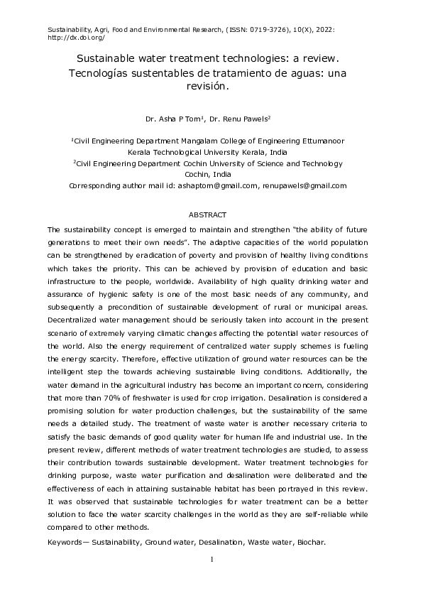 (PDF) Sustainable water treatment technologies a review Renu Pawels