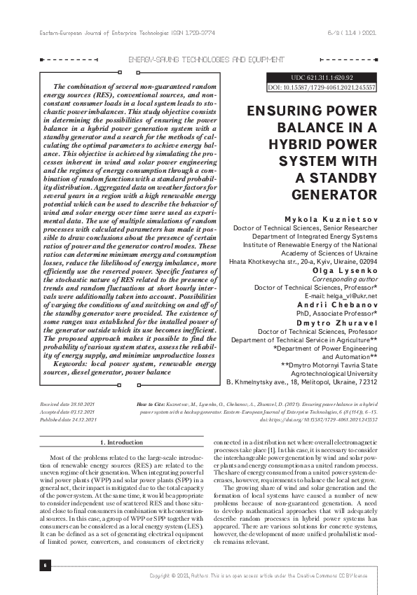 (PDF) Ensuring power balance in a hybrid power system with a standby ...
