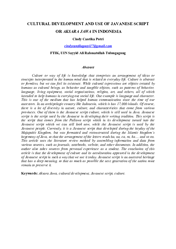 (DOC) CULTURAL DEVELOPMENT AND USE OF JAVANESE SCRIPT OR AKSARA JAWA IN ...
