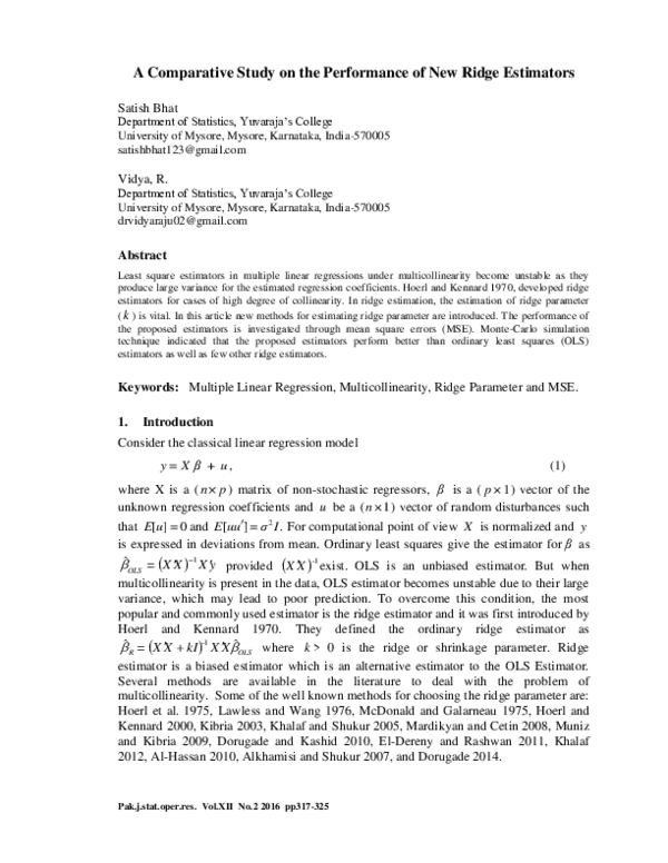 (PDF) A Comparative Study on the Performance of New Ridge Estimators