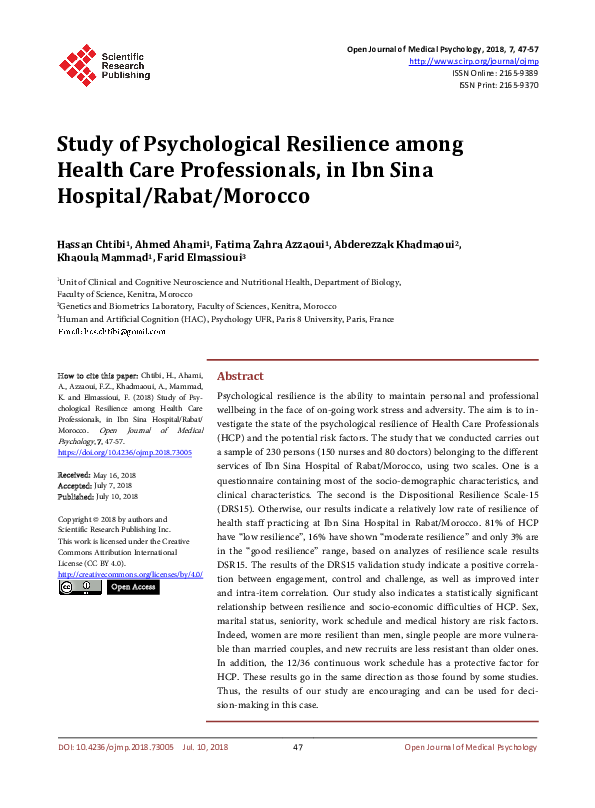 (PDF) Study of Psychological Resilience among Health Care Professionals ...