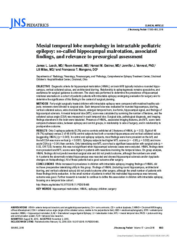 (PDF) Mesial temporal lobe morphology in intractable pediatric epilepsy ...