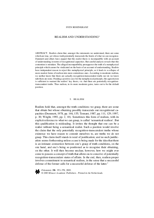  PDF Realism And Understanding Sven Rosenkranz Academia edu