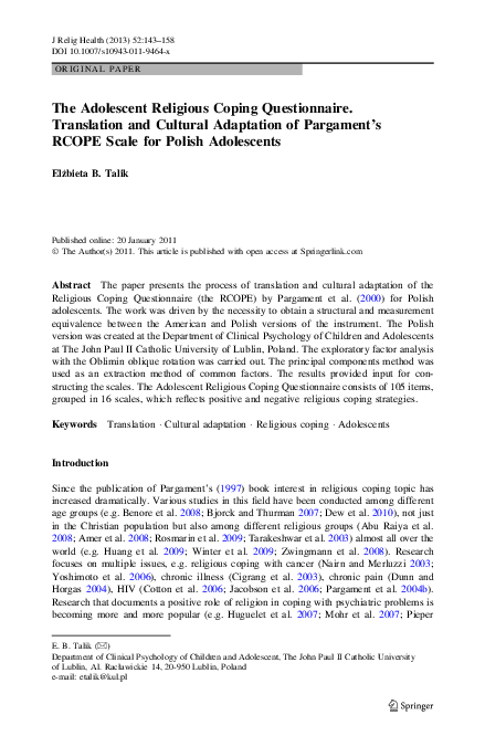 (PDF) The Adolescent Religious Coping Questionnaire. Translation and ...