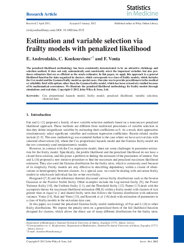 (PDF) Estimation and variable selection via frailty models with ...