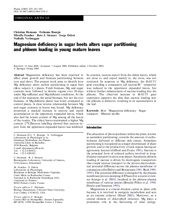 (PDF) Magnesium deficiency in sugar beets alters sugar partitioning and ...
