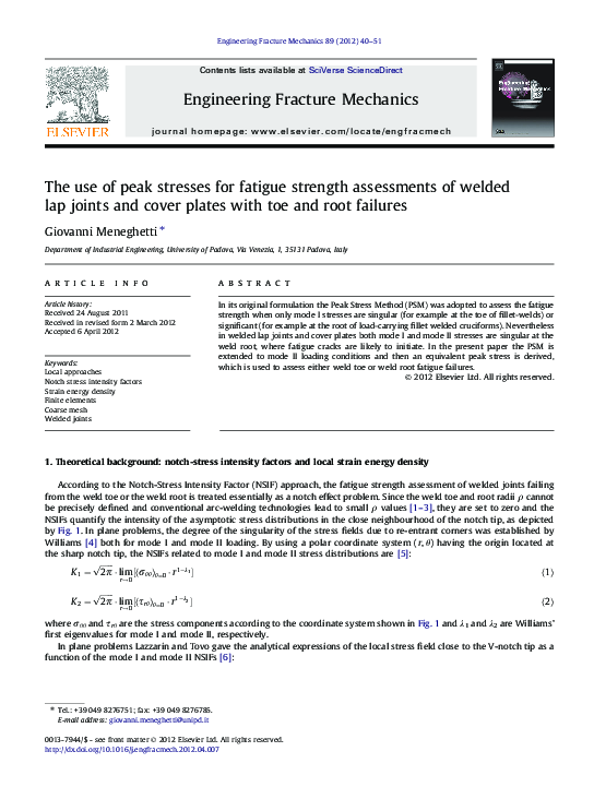 (PDF) The use of peak stresses for fatigue strength assessments of ...