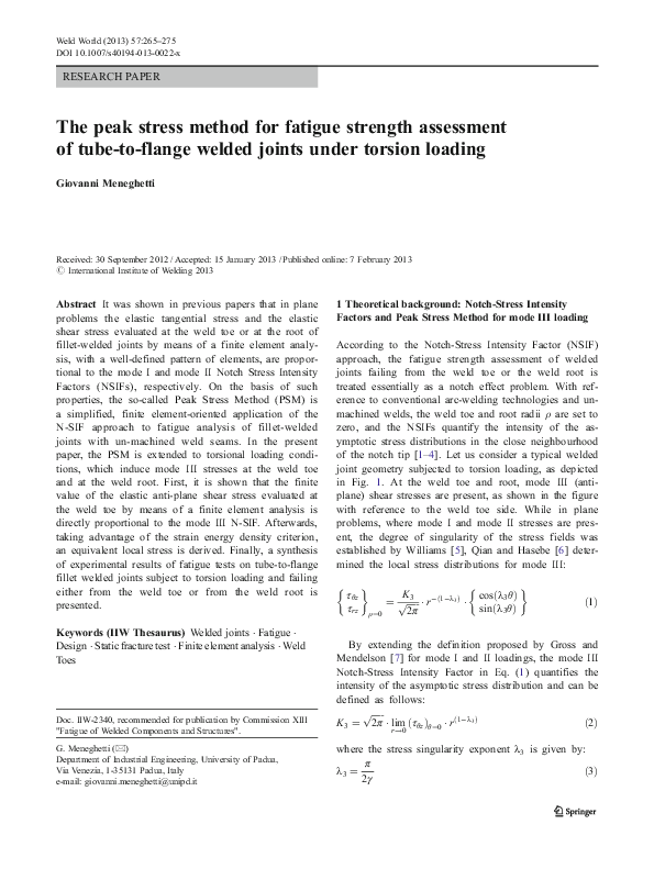 (PDF) The peak stress method for fatigue strength assessment of tube-to ...