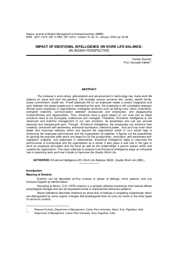 (PDF) Impact of Emotional Intelligence on Work Life Balance: An Indian ...