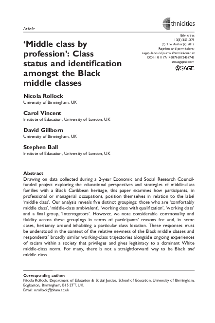 (PDF) ‘Middle class by profession’: Class status and identification ...