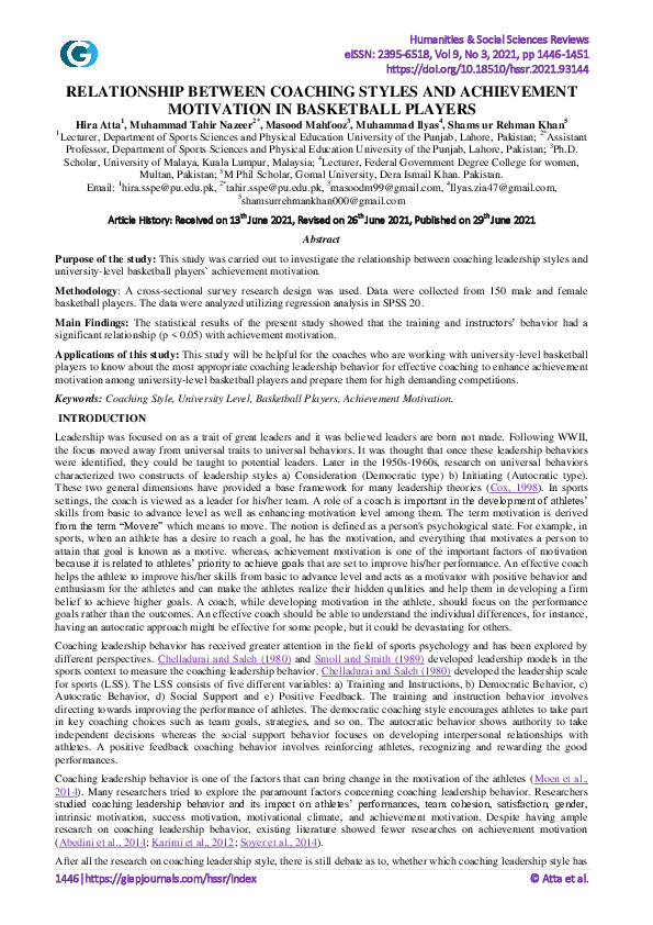 (PDF) Relationship Between Coaching Styles and Achievement Motivation ...