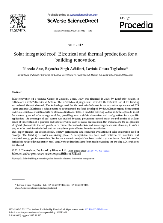 (PDF) Solar Integrated Roof: Electrical and Thermal Production for a ...