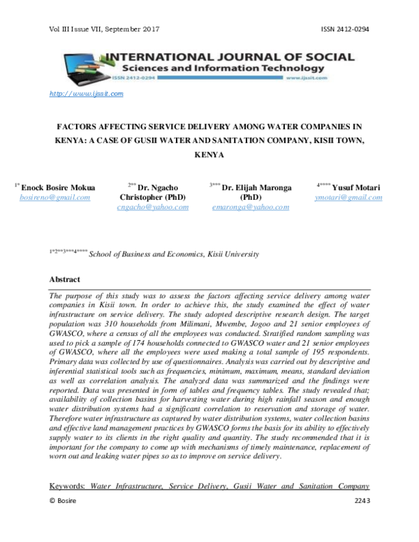 (PDF) Factors Affecting Service Delivery Among Water Companies in Kenya