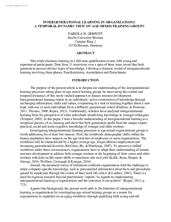 (PDF) Intergenerational Learning in Organizations: A Framework and ...
