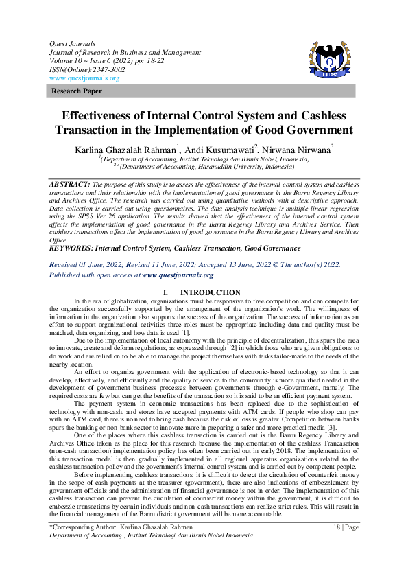 (PDF) Effectiveness of Internal Control System and Cashless Transaction ...