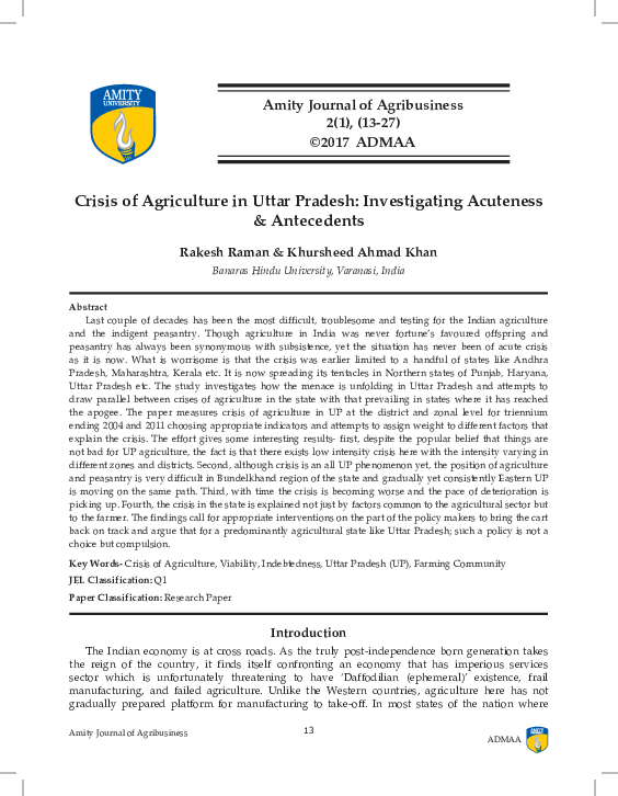 (PDF) Crisis of Agriculture in Uttar Pradesh: Investigating Acuteness ...